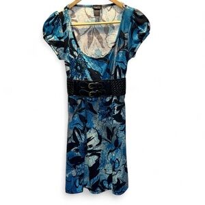 Y2K Retro Dress Blue Floral, Built In Belt. Sz Small. P-P 15 Length 34